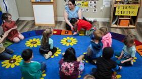 Family educator Lisa Benson-Nuyen addresses her students in a circle in the Northern Lights classroom at the Meadow Lakes CCS Early Learning, a Head Start center, in Wasilla, Alaska, in 2024. The center has since closed because of a lack of staff and money.
