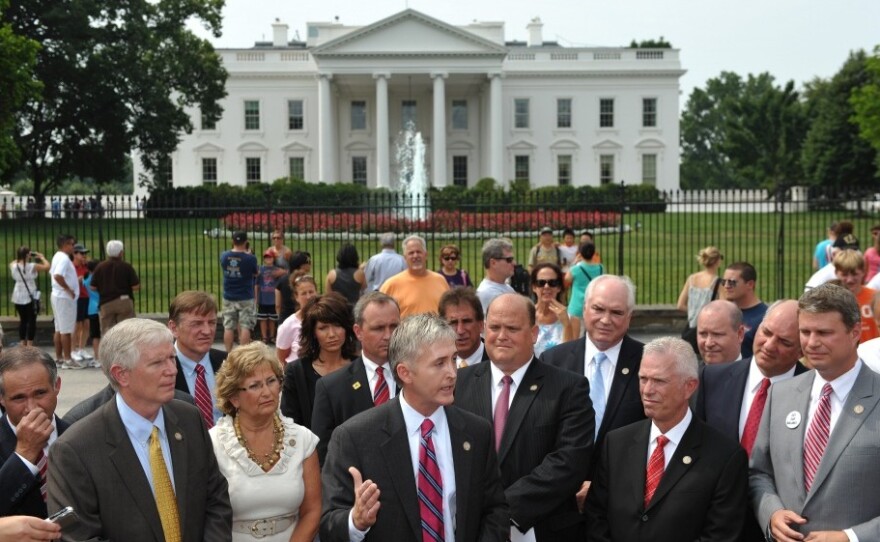 Rep. Trey Gowdy (R-SC, center) speaks as he and a group of freshman Republican congressmen hold a news conference on the debt ceiling last month in front of the White House.
