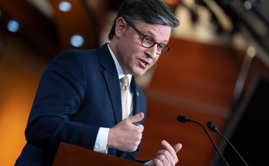 Speaker of the House Mike Johnson, R-La., takes questions at a news conference at the U.S. Capitol on April 21, 2026.