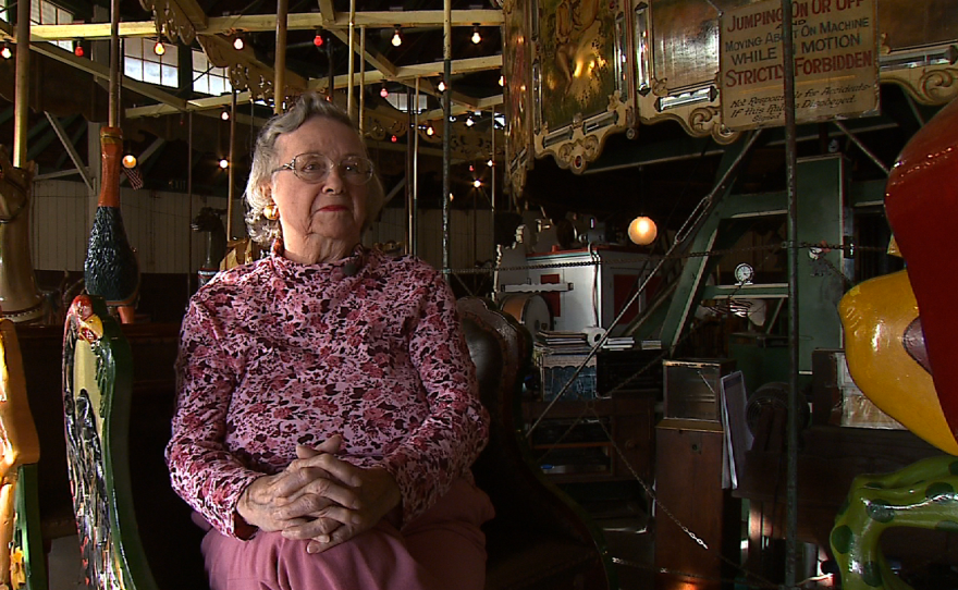 Virginia Long, the former owner of the Balboa Park Carousel, sits near the center of the historic merry-go-round, Jan. 19, 2015.