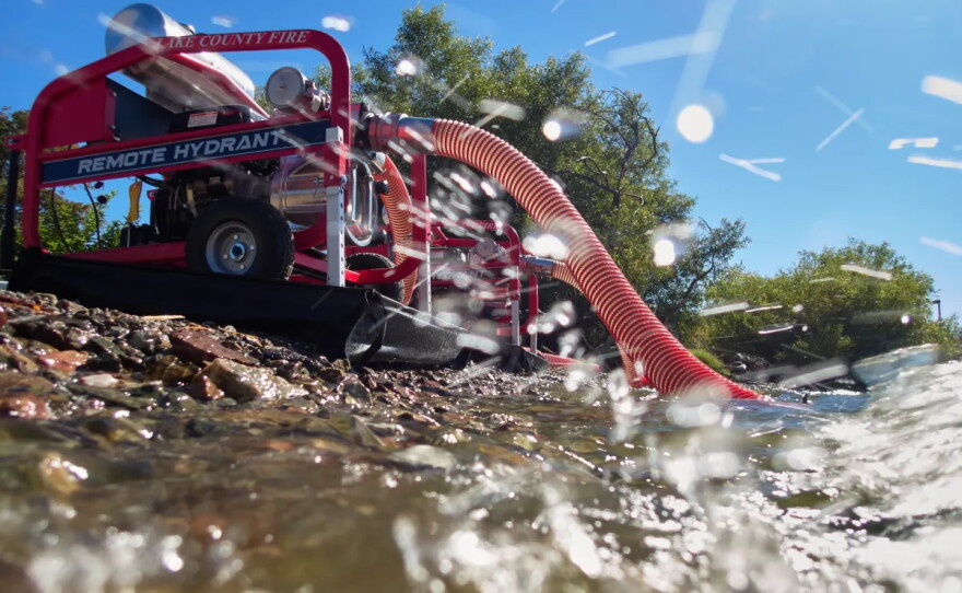 A remote hydrant unit is deployed for a firefighter training session in Clear Lake near Clearlake Oaks on Aug. 27, 2026.