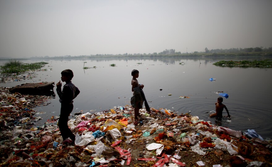 Children who live along the banks of the Yamuna River in ramshackle huts hunt for coins and anything valuable they can collect. The waters are polluted with heavy metals, raw sewage and industrial waste, but they are also a lifeline for scavenging families.