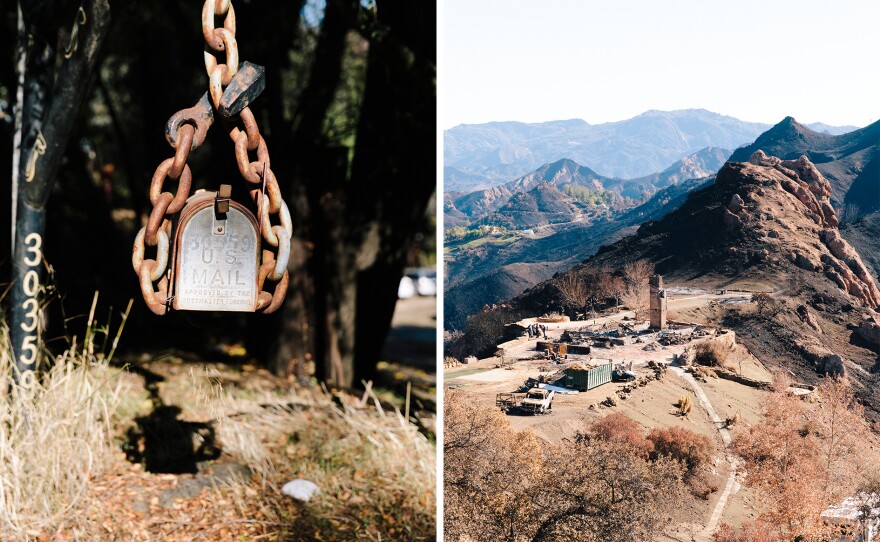 Left: A mailbox across the street from the Rock Store. Right: Gary Jones' multi-acre property above the Rock Store once had five structures. Now all that's left is a towering chimney where the main house once stood, shells of burnt vehicles, and a trailer (bottom right) that managed to survive the flames where Jones is now living.