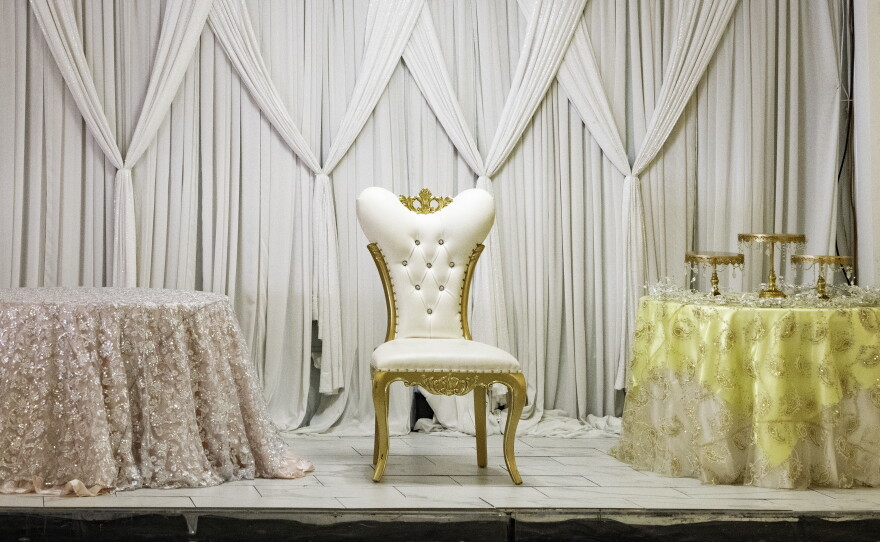 Throne used in quinceañeras in Just Java, an event space in Chula Vista that specializes in quinceañeras, April 30, 2026.