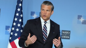 United States Defense Secretary Pete Hegseth speaks during a press statement on arrival for a meeting of NATO defense ministers at NATO headquarters in Brussels, Thursday, June 18, 2026.