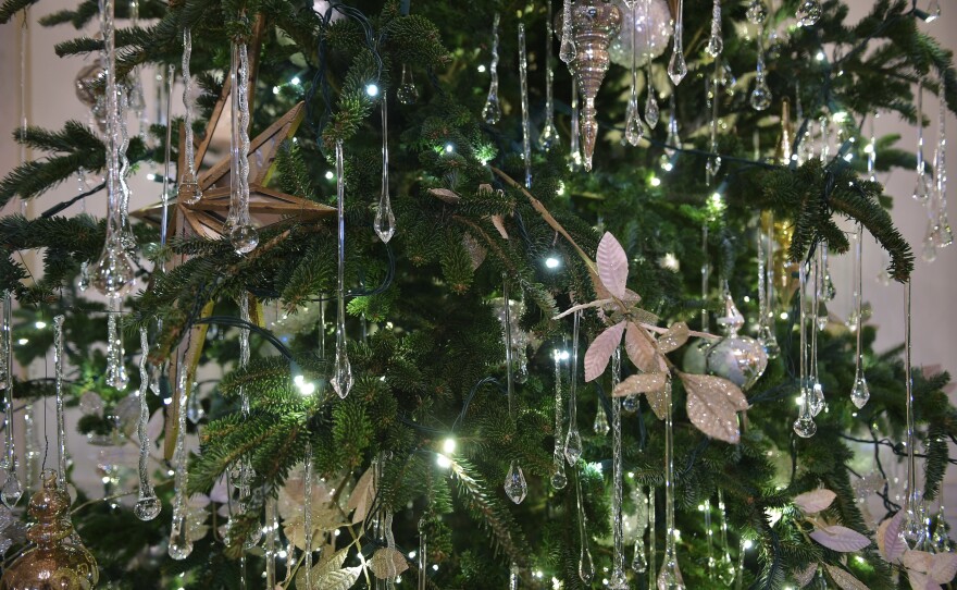 Crystal ornaments adorn a tree in the Cross Hall.