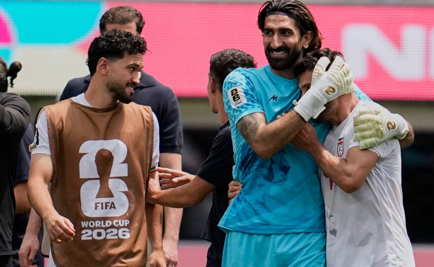Iran players react at the end of the World Cup Group G soccer match between Belgium and Iran in Inglewood, Calif., near Los Angeles, Sunday, June 21, 2026.