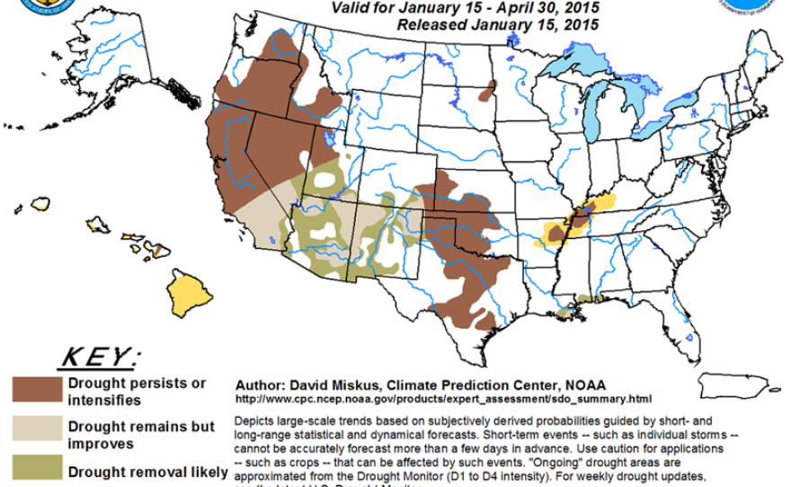 A map of the U.S. is shown detailing the seasonal drought outlook for Jan. 15 to April 30, 2015. 