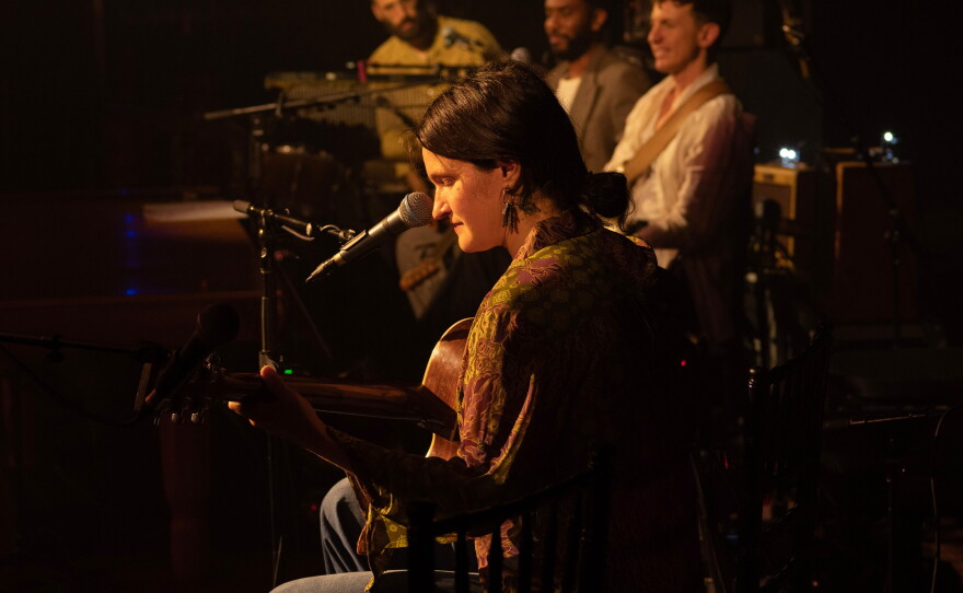 Lenker (in foreground) along with the other core members of Big Thief's touring band, (from left to right) drummer James Krivchenia, bassist Joshua Crumbly and guitarist Buck Meek.