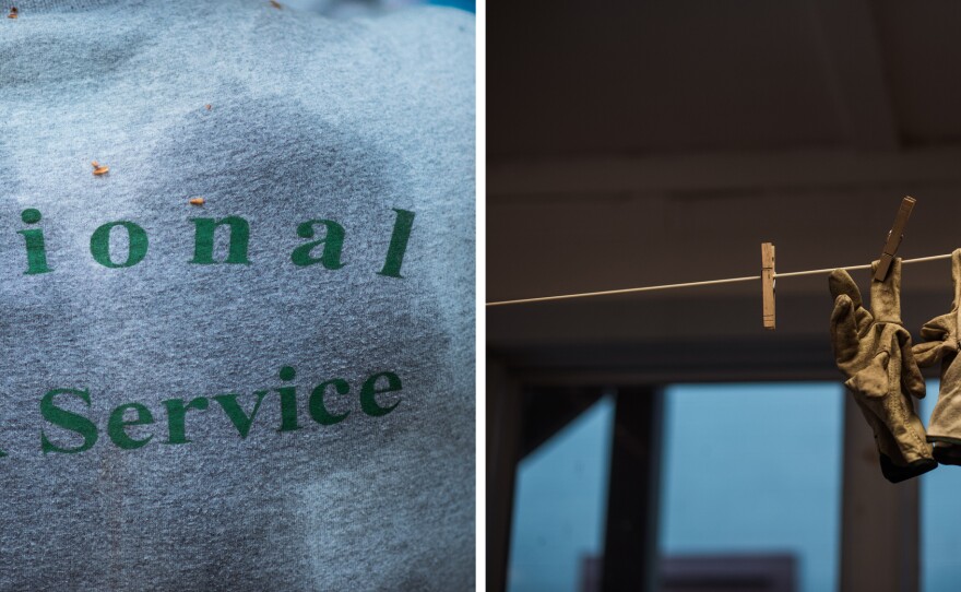 (Left) The sweaty National Park Service shirt of Kaleb Lique Naitove is seen after hiking deep into the woods to treat a hemlock tree. (Right) Gloves hang in the veg crew's headquarters at Great Smoky Mountains National Park.