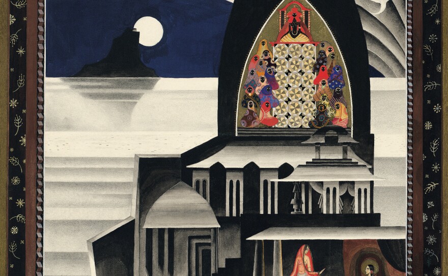 This original watercolor is from "The Tale of the Eldest of Three Ladies From Baghdad" showing the inhabitants of a palace who have been turned to stone.