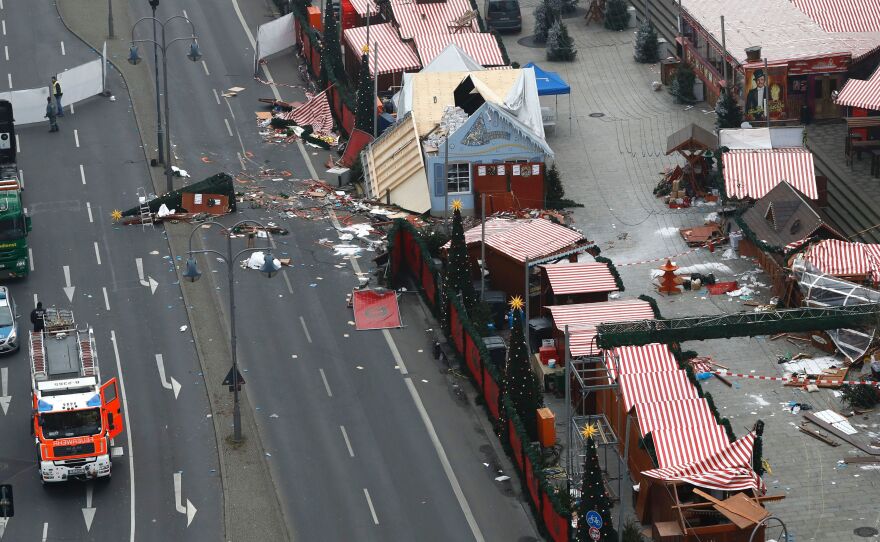 A Christmas market in central Berlin is seen on Tuesday, a day after a truck smashed into the market, killing 12 people and injuring dozens more.