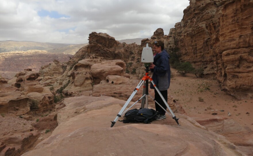 Caitlin Stevens using the C10 short range scanner to scan Petra, Jordan.