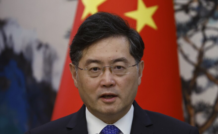 Chinese Foreign Minister Qin Gang attends a joint news conference with his Dutch counterpart Wopke Hoekstra (not pictured), following their meeting in Beijing, on May 23. Secretary of State Antony Blinken and Qin shared concerns on a phone call this week ahead of a planned visit by Blinken to China.