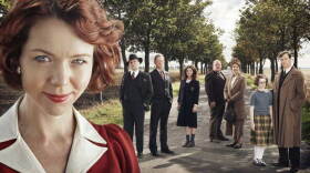 The cast of "South Riding." (L-R): Anna Maxwell Martin as Sarah Burton, Anthony Snaith as Peter Firth, Douglas Henshall as Councilor Joe Astell, Charlie May-Clark as Lydia Holly, John Henshaw as Alfred Huggins, Penelope Wilton as Mrs. Beddows, Katherine McGolpin as Midge Carne and David Morrissey as Robert Carne.