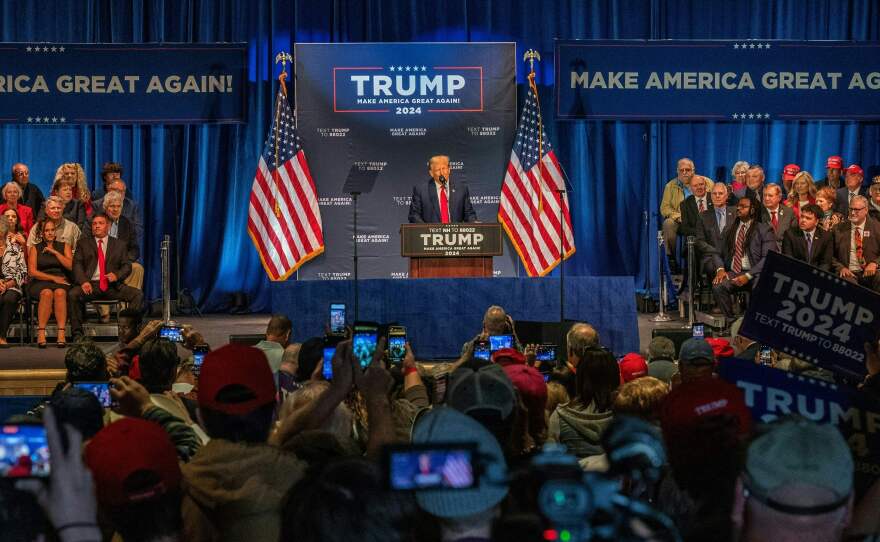 Former President Donald Trump speaks at a campaign event in Wolfeboro, N.H., on Oct. 9, 2023.