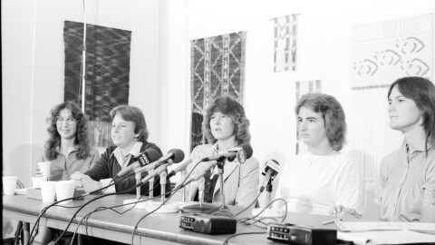 Dixon Press Conference 1982: (Left to Right) Kim McAlister (CWSS), Robin Bruce, Fran Ledford, Chris Russell and Eileen Bingle looking at audience.