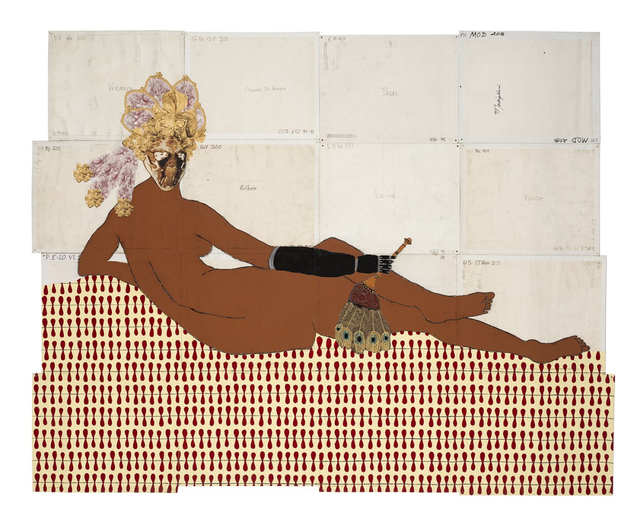 From the gallery: Painting by Katherine Sherwood appropriating famous painting by Ingres, reclining dark-skinned nude with back to us, looking over shoulder towards viewer, face is replaced by brain scan with purple-feather hat with feather tassels, black prosthetic arm on one side holding fan made of peacock feathers, lying across pattern fabric surface with white background