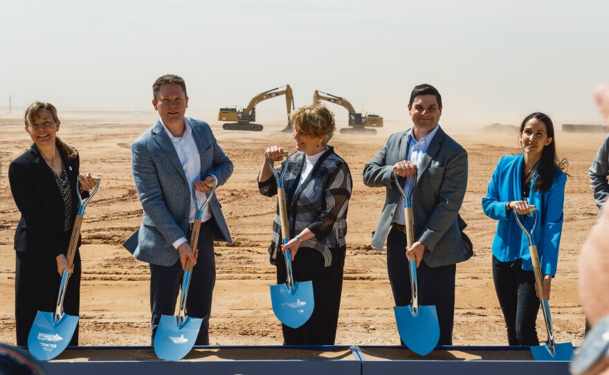 Occidental CEO Vicki Hollub (center) stands with other executives from the oil giant, along with partner companies, at the groundbreaking celebration for the Stratos direct air capture plant.