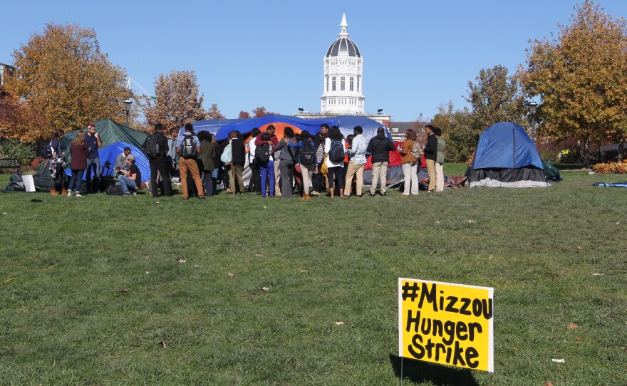Students gather on the University of Missouri campus on Nov. 7, 2015, to show support for a student who is holding a hunger strike over racial issues on the campus.