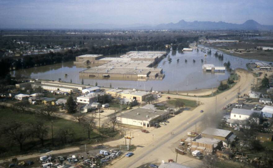 Flooding at the Peach Tree Mall after a levee break is shown in this undated photo.