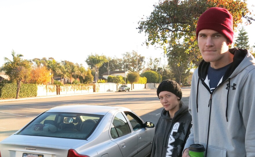 Sierra Meysami and Tov Johnson in Huntington Beach, Calif. Local police arrested them in late November for having heroin, meth and stolen property in this car. They were booked into jail, but because Prop 47 reclassified their alleged offenses as misdemeanors, police say, they were released within hours. Meysami says Prop 47 is an improvement, because jail time is "too much for drug addicts."