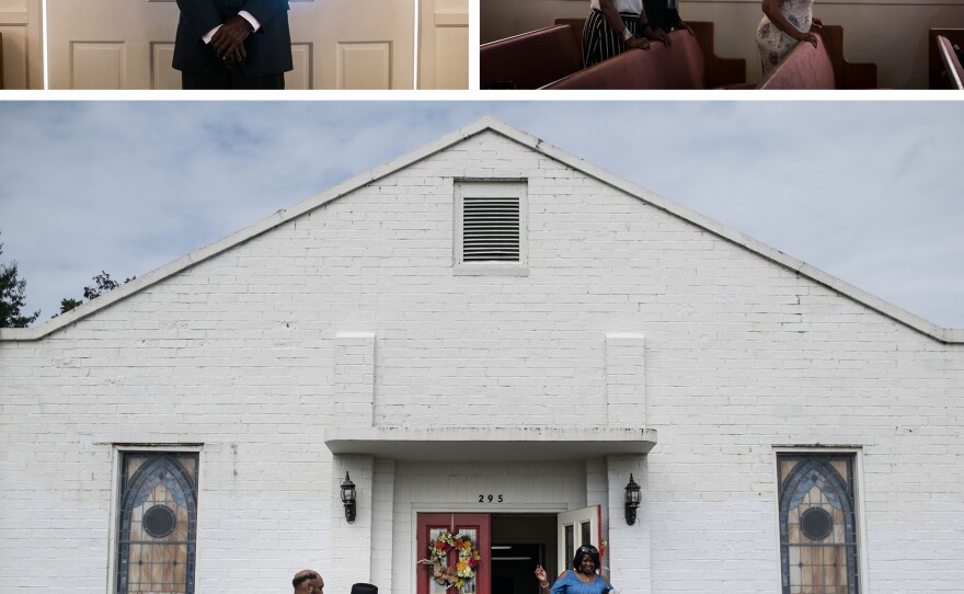 (Left) Kevin Wade says he always votes. (Right) The church community gathers for worship on Sunday. The people at the service wouldn't comment on whether they vote. (Bottom) Agape Outreach Ministries holds Sunday church service, in northern Warner Robins.