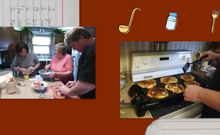 Left: Erin Rhode's mother, Kathy Rhode (left); Erin's maternal grandmother, Velma Freisleben Thein; and Erin's uncle, Bob Freisleben. Right: Bob Freisleben prepares specken dicken.