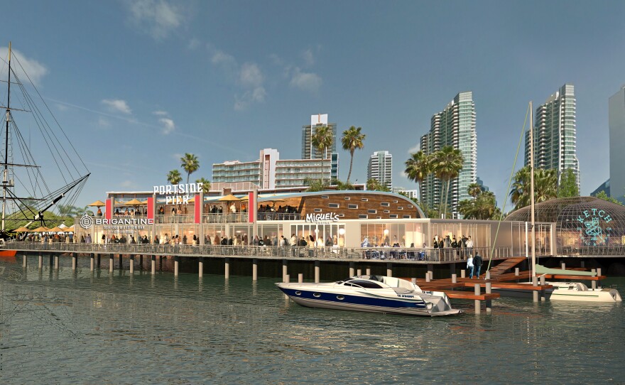 This architectural rendering shows a waterside view of The Brigantine's proposed "Portside Pier" project on the downtown San Diego waterfront.