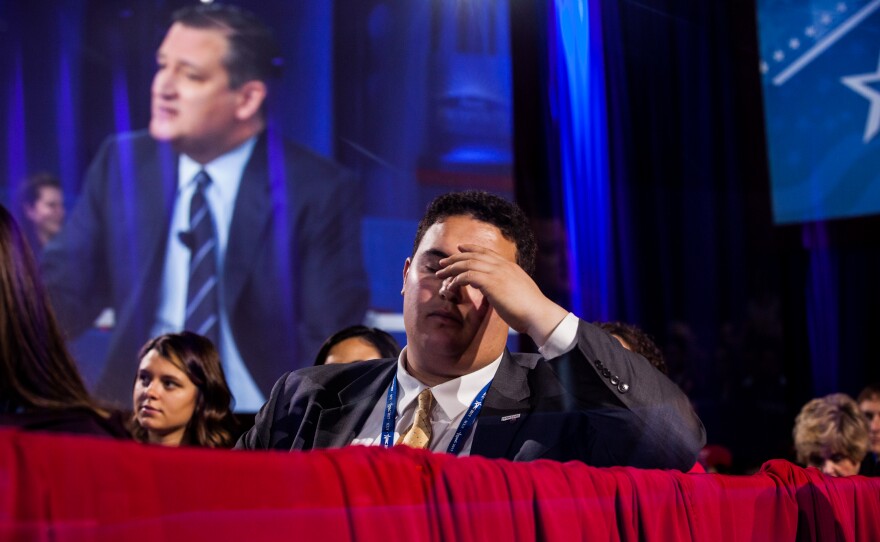 Attendees watch Texas Sen. Ted Cruz and Mark Levin engage in a conversation about the constitution.