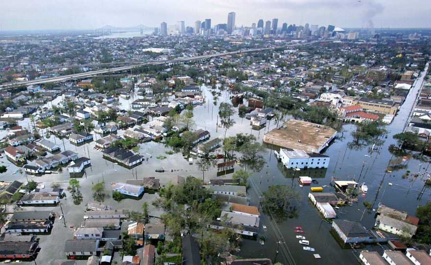 Flood waters from Hurricane Katrina cover the streets of New Orleans in August 2005.