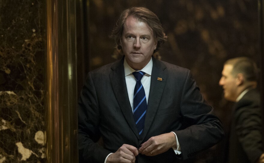 Don McGahn, general counsel for the Trump transition team and now chosen to serve as White House counsel, walks through the lobby at Trump Tower on Nov. 15 in New York City.