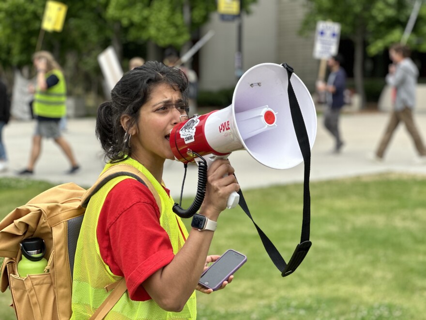 Srividya Ganapathy, an assistant project scientist, joins other UAW Local 4811 members in a statewide strike of academic workers. UC San Diego in La Jolla, Calif. June 3, 2024.