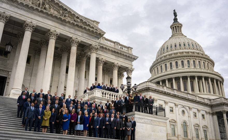 Representatives-elect during a group photograph outside the US Capitol in Washington, DC, US, on Tuesday, Nov. 15, 2022. Congressional Republicans returned to Washington this week adrift and questioning their party's leadership after falling far short of expectations in the midterm elections.