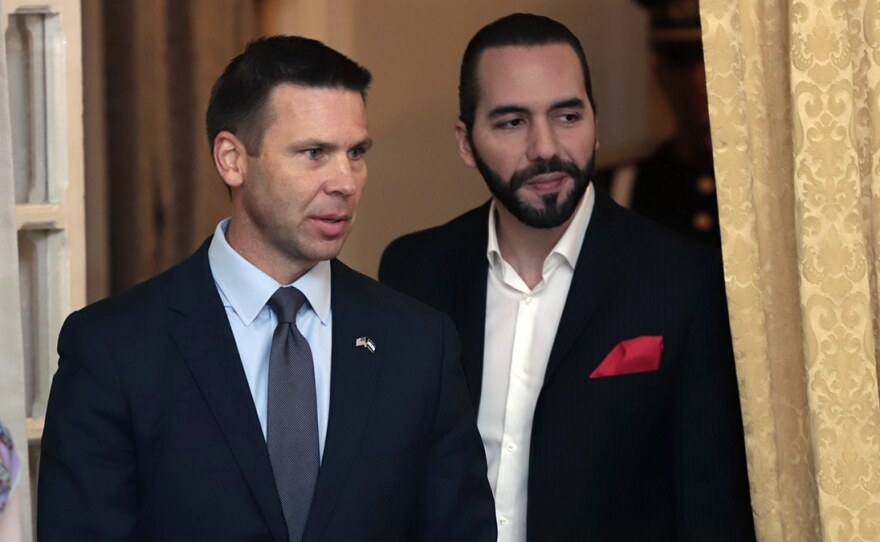 Acting U.S. Homeland Security Secretary Kevin McAleenan (left) and Salvadoran President Nayib Bukele attend a meeting in San Salvador, El Salvador, in August.