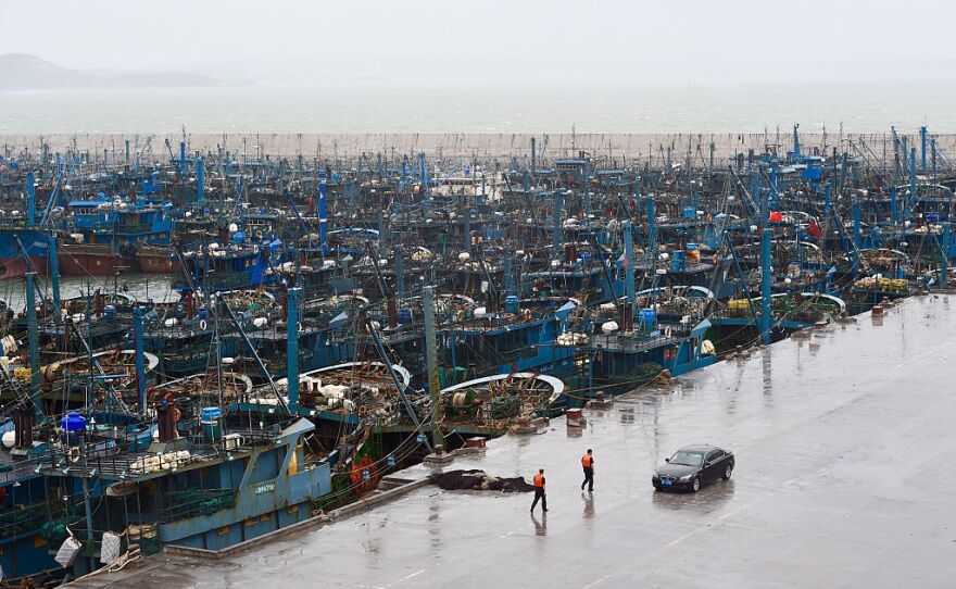 Fishing boats packed a port in Shishi, Fujian province, on Tuesday. Reuters reported that the province's 31,700 fishing boats were recalled to port because of high winds.