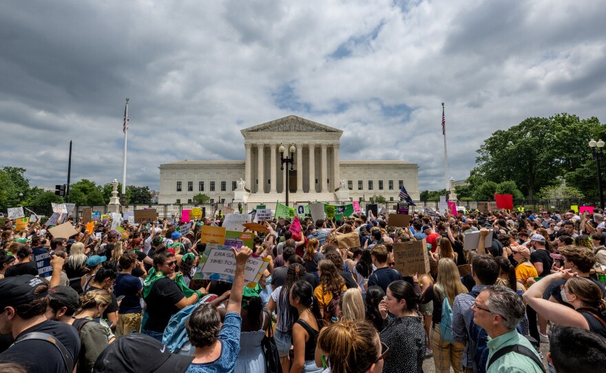People protest in response to the <em>Dobbs vs. Jackson Women's Health Organization</em> ruling in front of the U.S. Supreme Court on June 24, 2022 in Washington, D.C.