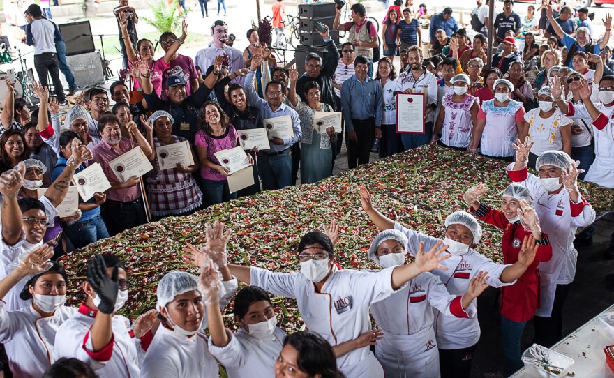 In 2016 Puente staffers and volunteers made a 12-meter-square tlayuda, incorporating amaranth flour, cereal, seeds or leaves in every layer – the biggest ever of its kind, according to the National Group for Amaranth Promotion in Mexico.