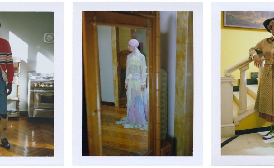 Gucci's upcoming collection features under-the-knee socks with loafers, a sequin embroidered silk georgette gown and the house's signature logo print.