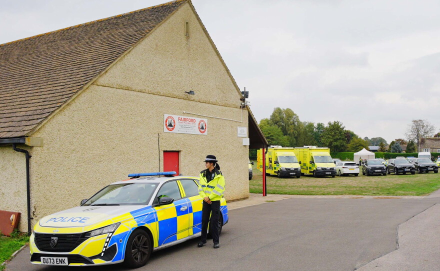 Emergency services at the scene of an incident close to RAF Fairford,, in Whelford, England, Sunday, Sept. 27, 2026.