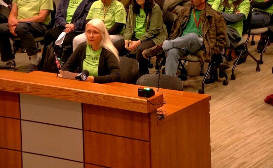 Beth Wells-Whitwam, a student services assistant at Deer Canyon Elementary, speaks to the Poway Unified School District board on Thursday, March 13, 2025.