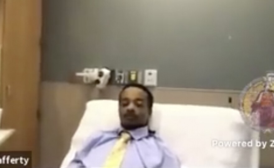 Jacob Blake answers questions during a hearing Friday, Sept. 4 in Kenosha, Wis. Blake, who appeared remotely, waived his right to a preliminary hearing — and then pleaded not guilty to three charges that were filed against him back in July.