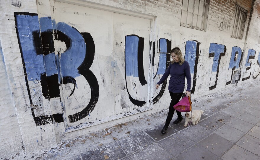 A woman in Buenos Aires walks with her dog past a mural that reads "Vultures" in Spanish. The mural is a reference to the dispute between the Argentine government and U.S. hedge funds.