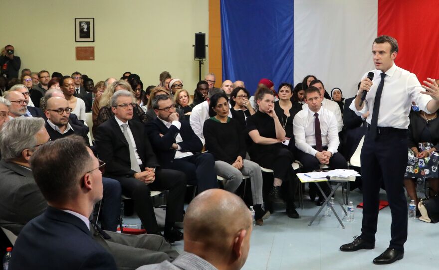 French president Emmanuel Macron takes part in a meeting in Évry-Courcouronnes on Feb. 4.