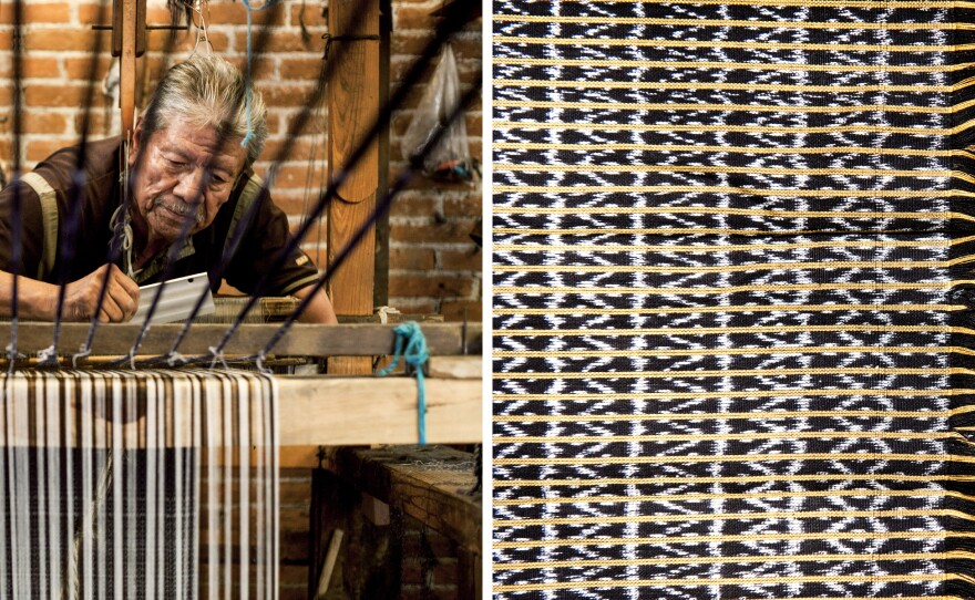 Enrique Antonio Tinoco Jaimes crafts a <em>rebozo</em> on a traditional loom in the <em>rebozo</em> workshop of Don Fermín Escobar in Tenancingo, Mexico. At right, a detail from a <em>rebozo</em>.