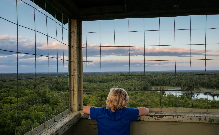 Errol Sleeper, 7, takes in the view from the cab of the Aiton Heights Fire Tower in northern Minnesota's Itasca State Park. After climbing to the top of the 100-foot tower, Sleeper officially became a member of the Ancient and Honorable Order of Squirrels, a national fire tower club founded in 1927 by an Itasca Park Ranger to educate youth and adults about fire prevention and forest health.