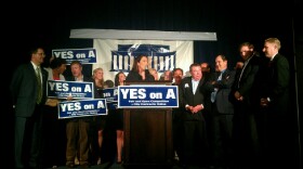 Taxpayer Association President Lani Lutar celebrates Proposition A's victory at a Lincoln Club gathering at the US Grant hotel.