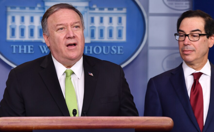 Secretary of State Mike Pompeo and Treasury Secretary Steven Mnuchin announce new sanctions on Iran at the White House on Friday.