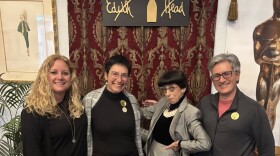 Actress Susan Claassen as Edith Head (second from right) with members of the San Diego Italian Film Festival, Valentina Cartareggia, Clarissa Clò and Antonio Iannotta at Moxie Theatre for a panel about women artists before the play, "A Conversation with Edith Head." Feb. 21, 2026