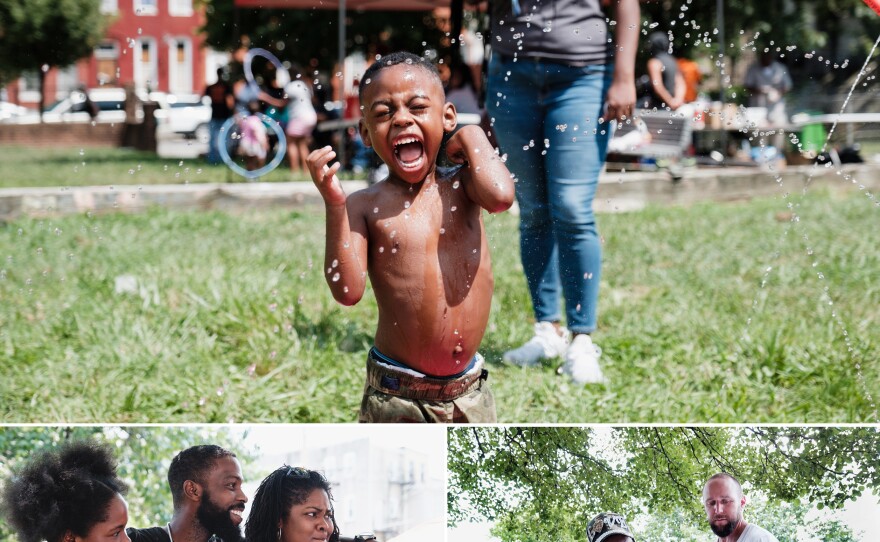 Top: Children in Franklin Square play in a temporary splash park. Left: Jami (from left), Louis and Shakira Franklin joke with their neighbors. Right: Thelma Terrell (left) and Daniel Greenspan discuss park design proposals.
